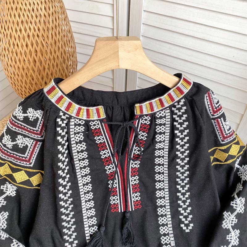 Camicia da donna Olivenorma con maniche a lanterna e ricamo in stile bohémien
