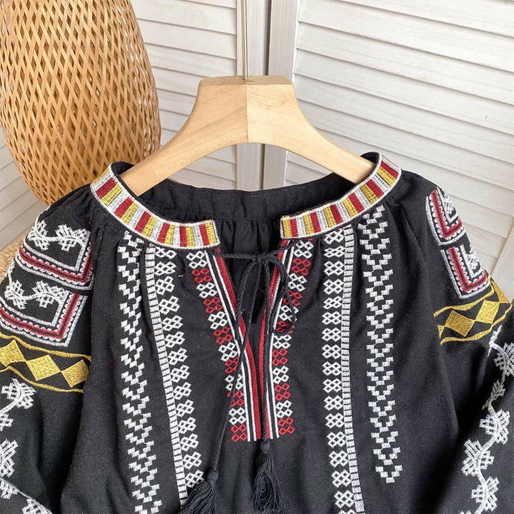 Camicia da donna Olivenorma con maniche a lanterna e ricamo in stile bohémien
