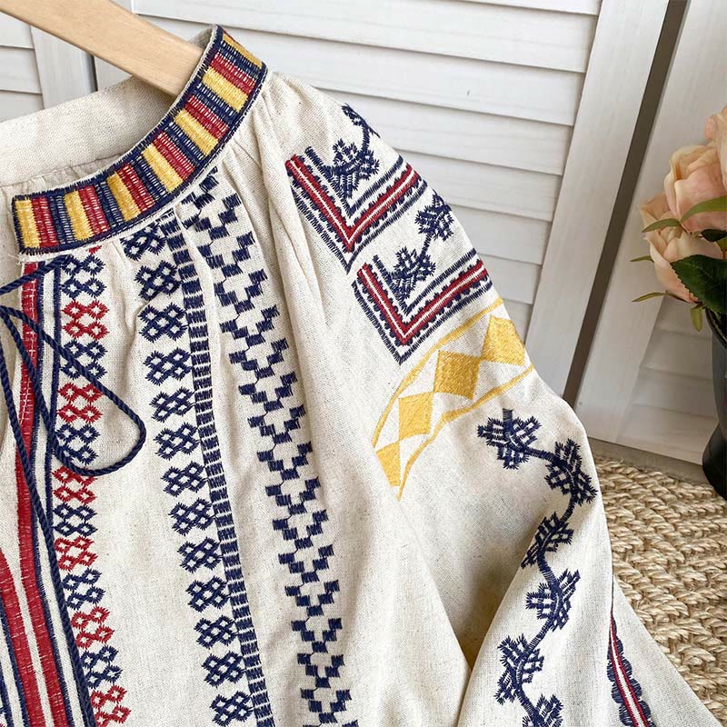 Camicia da donna Olivenorma con maniche a lanterna e ricamo in stile bohémien