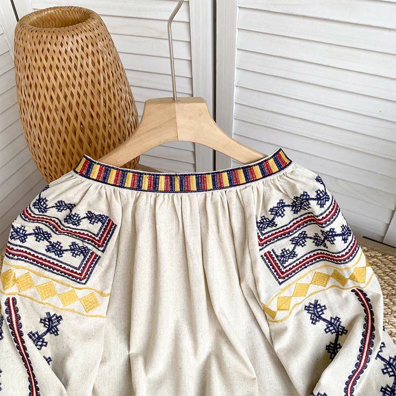 Camicia da donna Olivenorma con maniche a lanterna e ricamo in stile bohémien