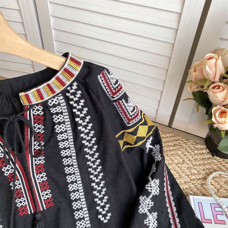 Camicia da donna Olivenorma con maniche a lanterna e ricamo in stile bohémien