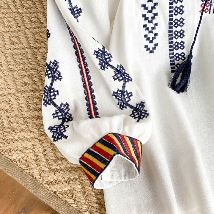 Camicia da donna Olivenorma con maniche a lanterna e ricamo in stile bohémien