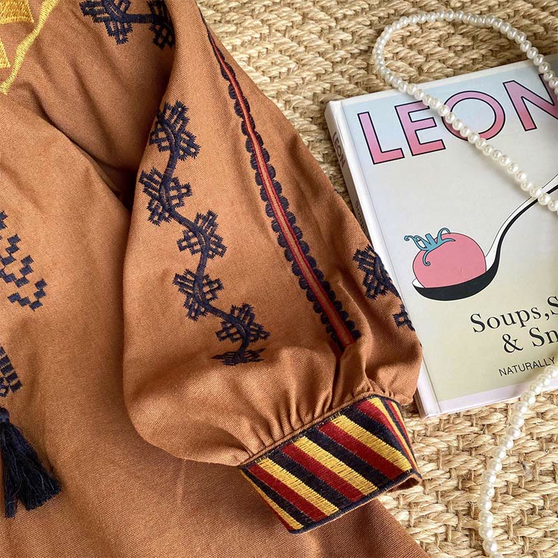 Camicia da donna Olivenorma con maniche a lanterna e ricamo in stile bohémien