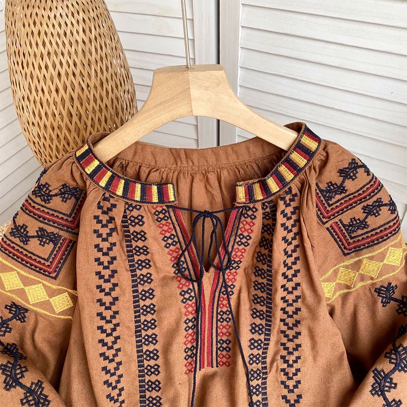 Camicia da donna Olivenorma con maniche a lanterna e ricamo in stile bohémien
