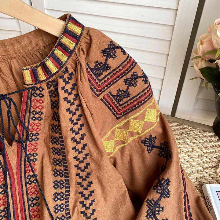 Camicia da donna Olivenorma con maniche a lanterna e ricamo in stile bohémien