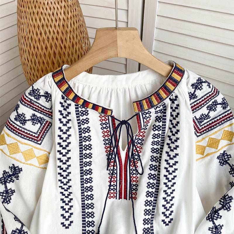 Camicia da donna Olivenorma con maniche a lanterna e ricamo in stile bohémien