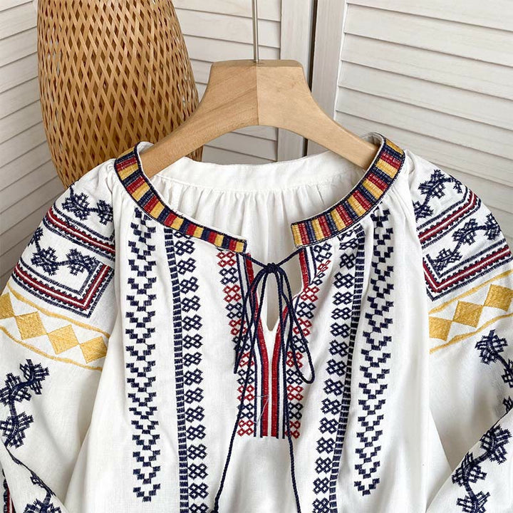 Camicia da donna Olivenorma con maniche a lanterna e ricamo in stile bohémien