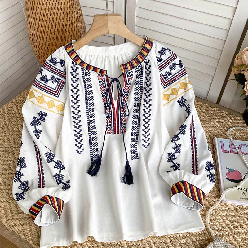 Camicia da donna Olivenorma con maniche a lanterna e ricamo in stile bohémien