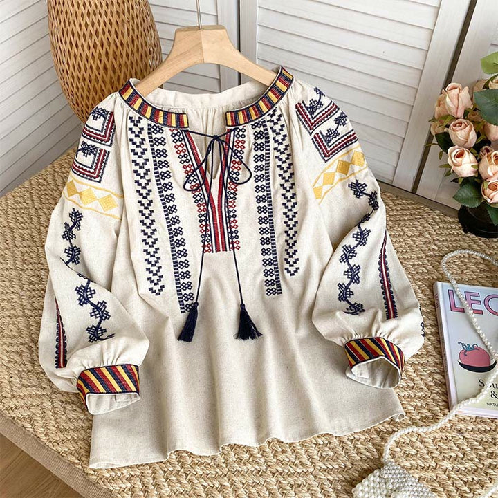 Camicia da donna Olivenorma con maniche a lanterna e ricamo in stile bohémien
