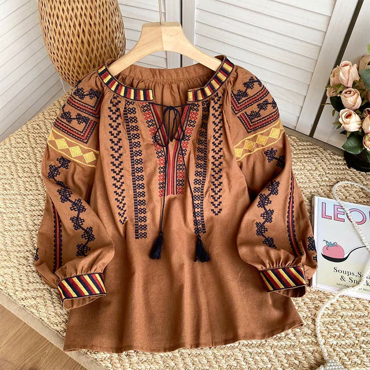 Camicia da donna Olivenorma con maniche a lanterna e ricamo in stile bohémien
