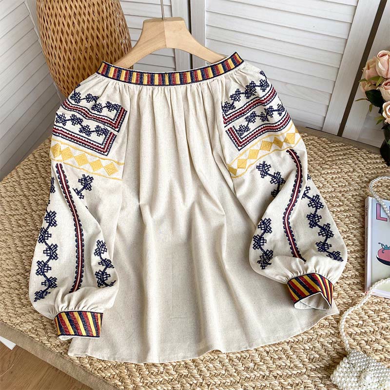 Camicia da donna Olivenorma con maniche a lanterna e ricamo in stile bohémien