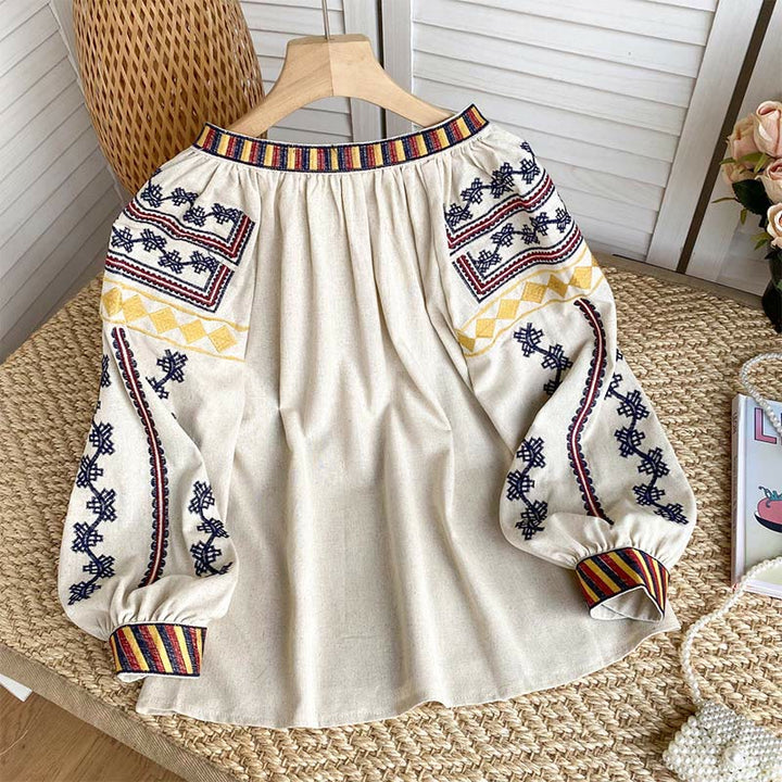 Camicia da donna Olivenorma con maniche a lanterna e ricamo in stile bohémien