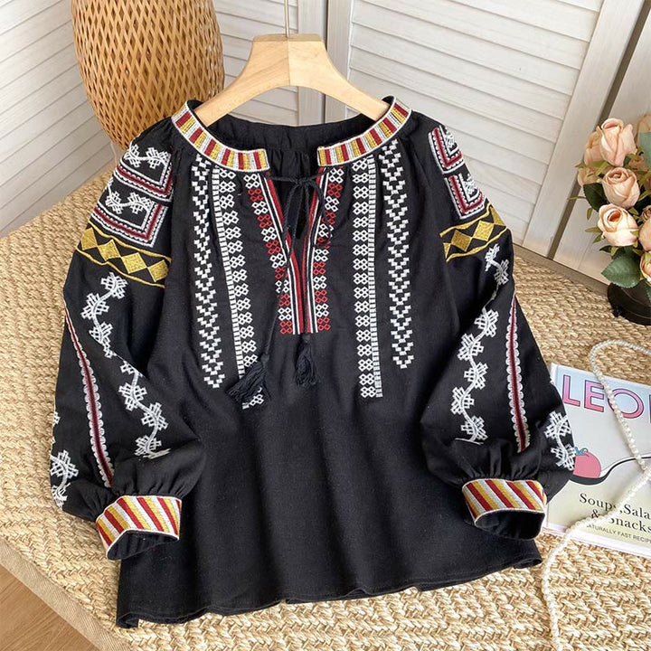 Camicia da donna Olivenorma con maniche a lanterna e ricamo in stile bohémien