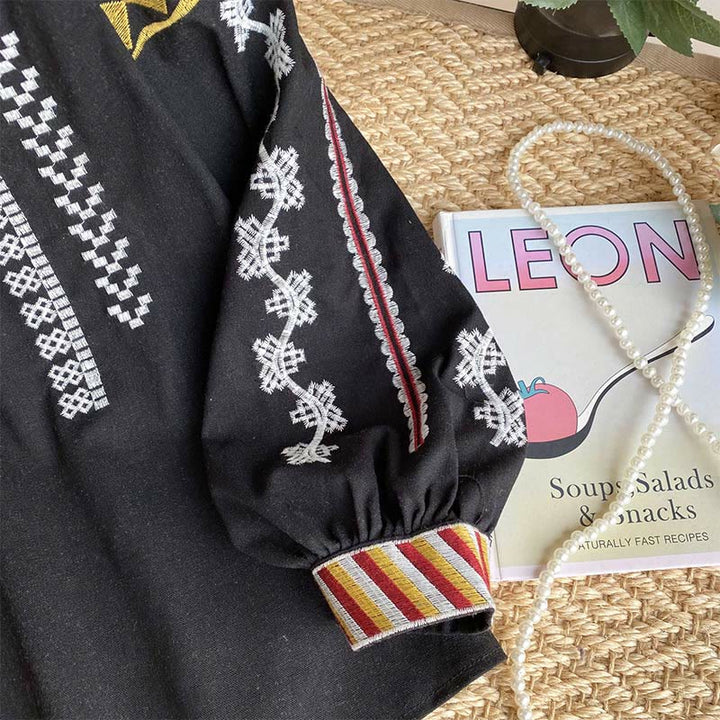 Camicia da donna Olivenorma con maniche a lanterna e ricamo in stile bohémien