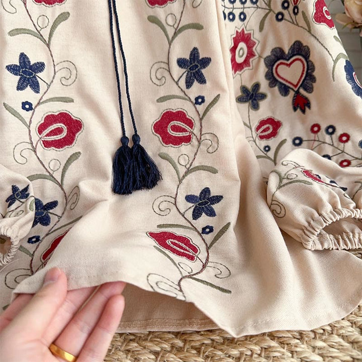 Camicia da donna Olivenorma con maniche a lanterna e ricamo retrò dolce