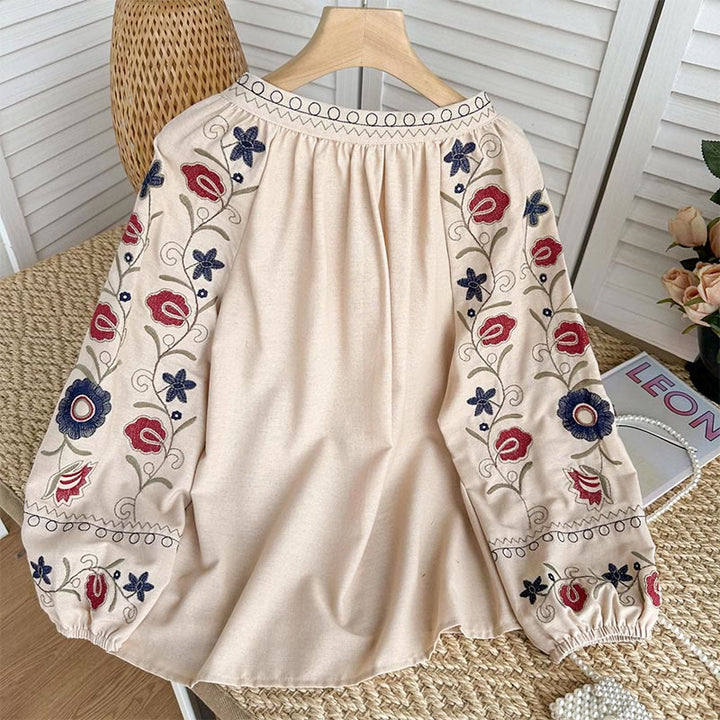 Camicia da donna Olivenorma con maniche a lanterna e ricamo retrò dolce