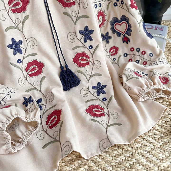 Camicia da donna Olivenorma con maniche a lanterna e ricamo retrò dolce