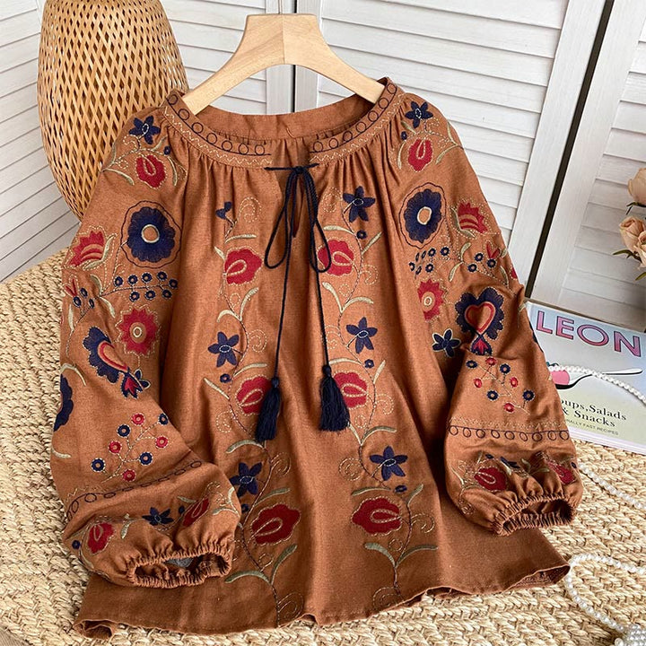 Camicia da donna Olivenorma con maniche a lanterna e ricamo retrò dolce