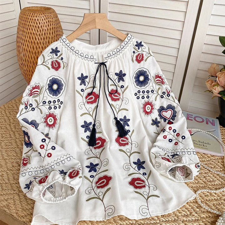 Camicia da donna Olivenorma con maniche a lanterna e ricamo retrò dolce
