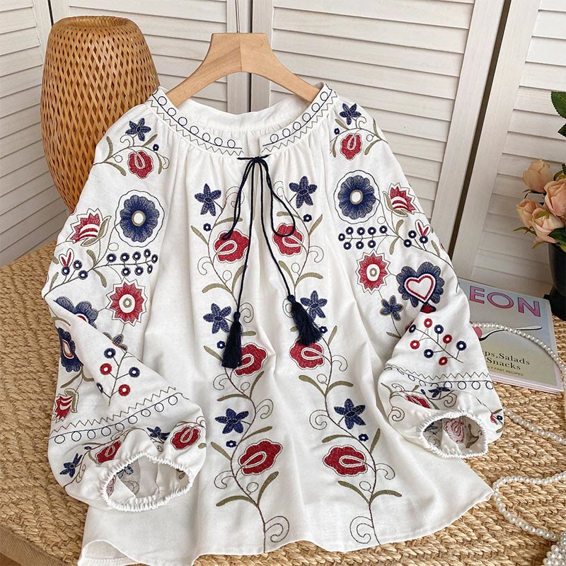 Camicia da donna Olivenorma con maniche a lanterna e ricamo retrò dolce - Bianco - image 0