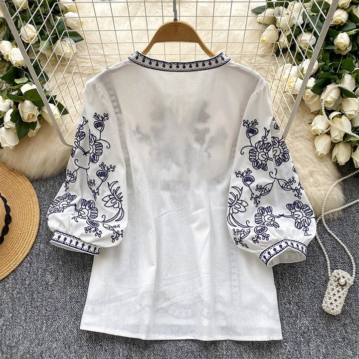 Camicia da donna Olivenorma Boho Holiday con maniche a lanterna e ricamo