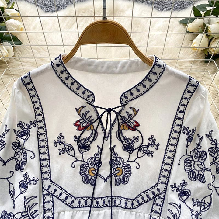 Camicia da donna Olivenorma Boho Holiday con maniche a lanterna e ricamo