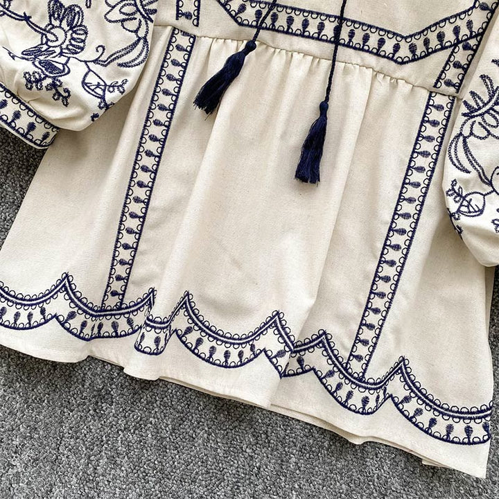 Camicia da donna Olivenorma Boho Holiday con maniche a lanterna e ricamo