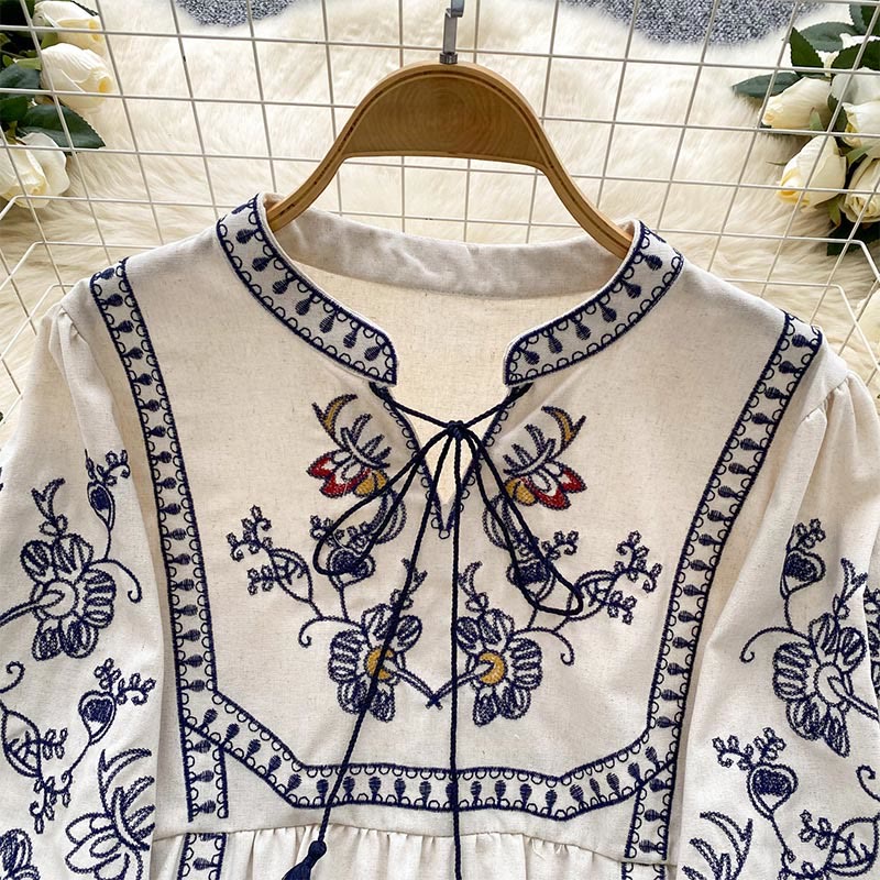 Camicia da donna Olivenorma Boho Holiday con maniche a lanterna e ricamo