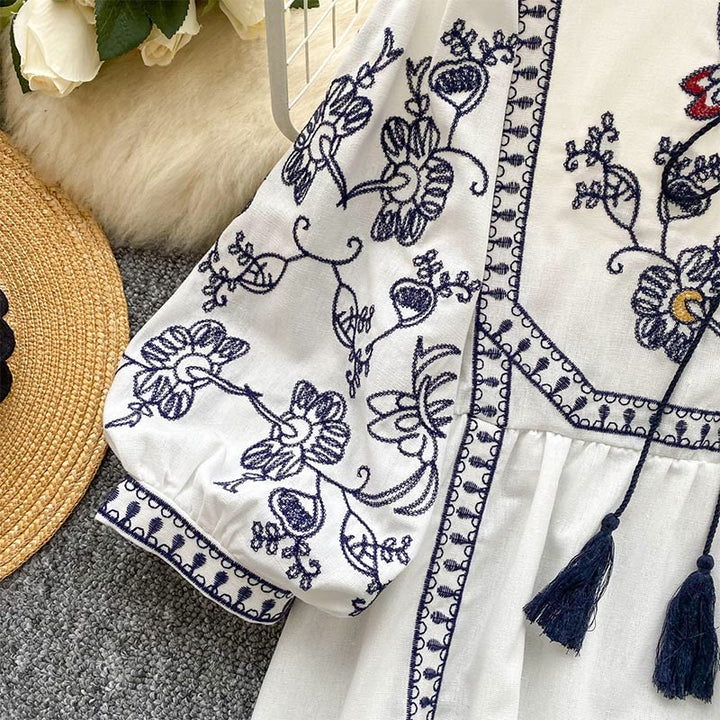 Camicia da donna Olivenorma Boho Holiday con maniche a lanterna e ricamo