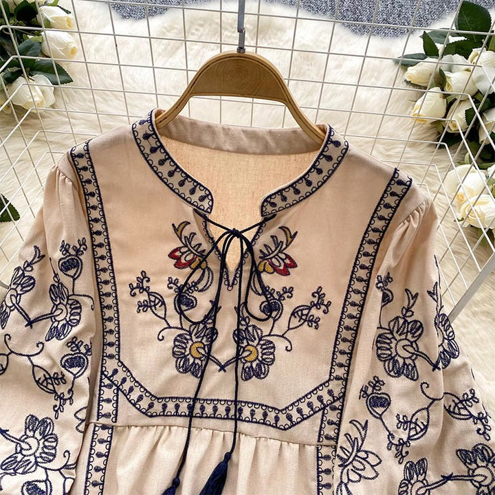 Camicia da donna Olivenorma Boho Holiday con maniche a lanterna e ricamo