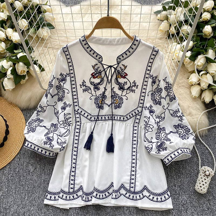 Camicia da donna Olivenorma Boho Holiday con maniche a lanterna e ricamo