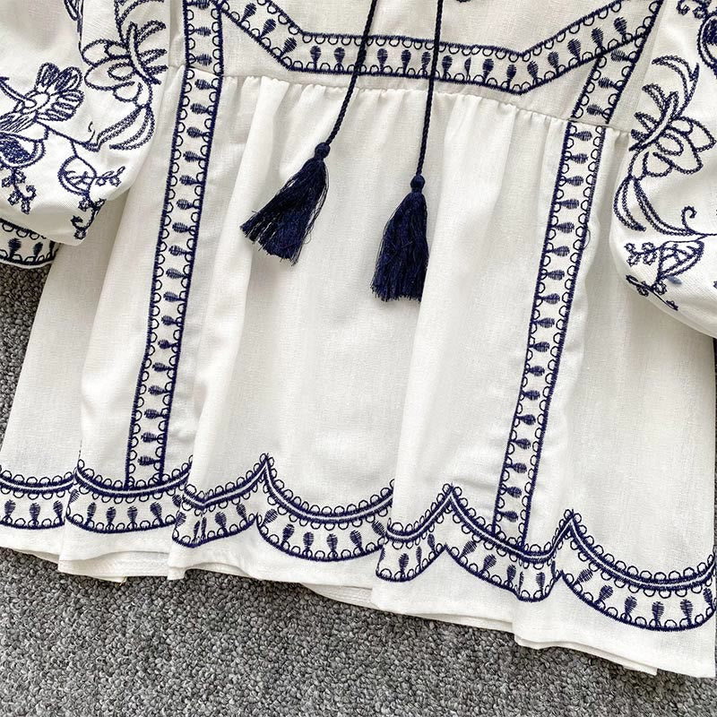 Camicia da donna Olivenorma Boho Holiday con maniche a lanterna e ricamo