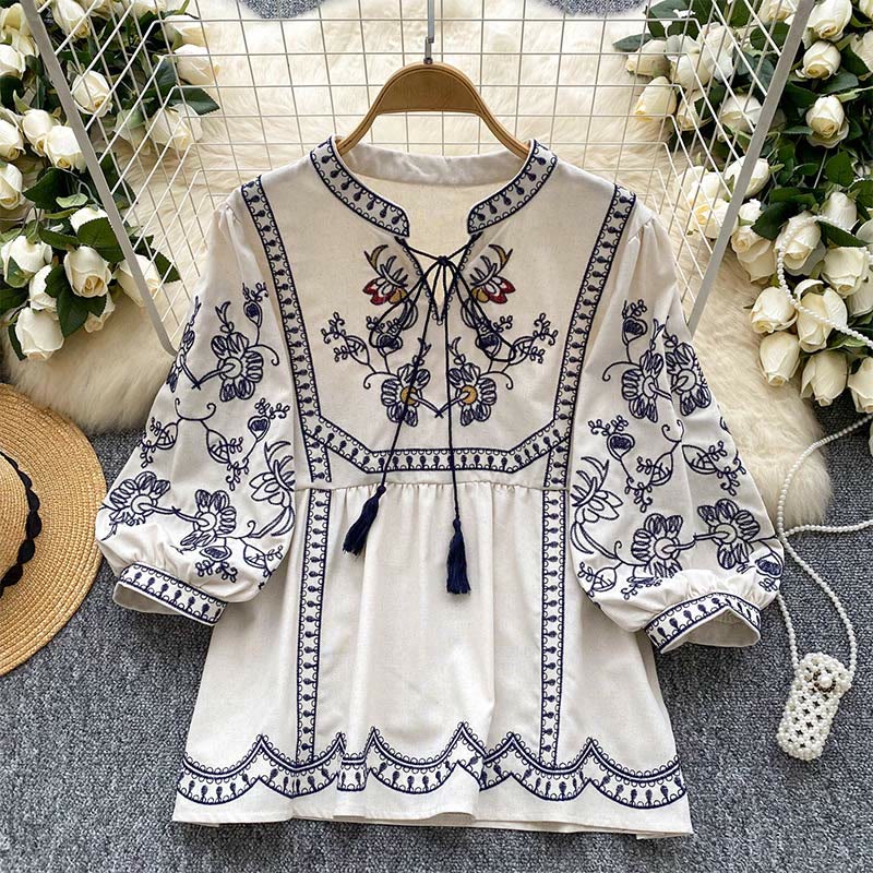 Camicia da donna Olivenorma Boho Holiday con maniche a lanterna e ricamo