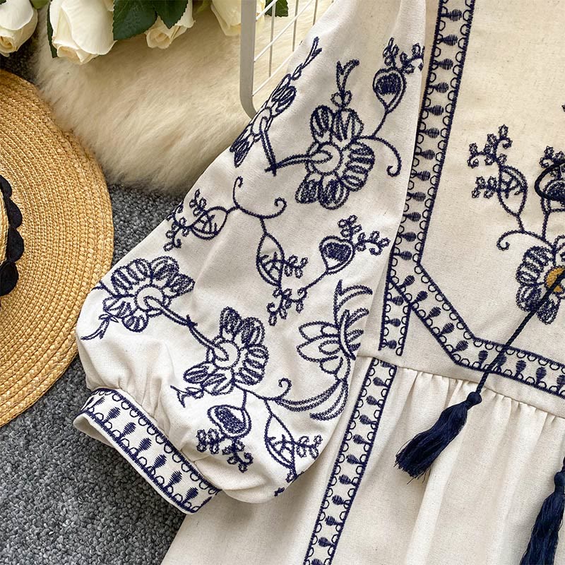 Camicia da donna Olivenorma Boho Holiday con maniche a lanterna e ricamo
