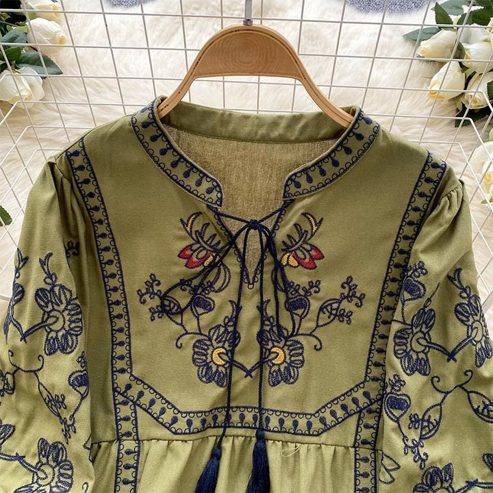 Camicia da donna Olivenorma Boho Holiday con maniche a lanterna e ricamo
