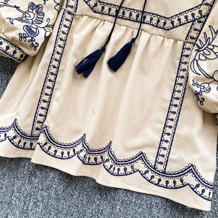 Camicia da donna Olivenorma Boho Holiday con maniche a lanterna e ricamo