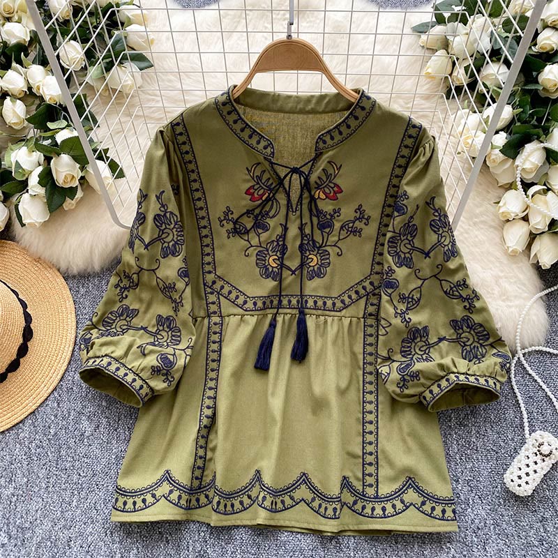 Camicia da donna Olivenorma Boho Holiday con maniche a lanterna e ricamo - Verde - Taglia unica - image 0