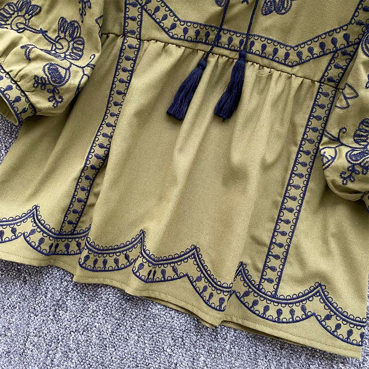 Camicia da donna Olivenorma Boho Holiday con maniche a lanterna e ricamo