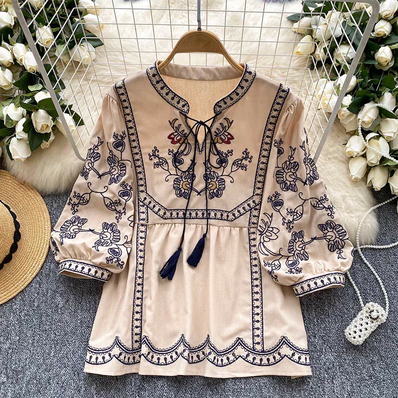 Camicia da donna Olivenorma Boho Holiday con maniche a lanterna e ricamo