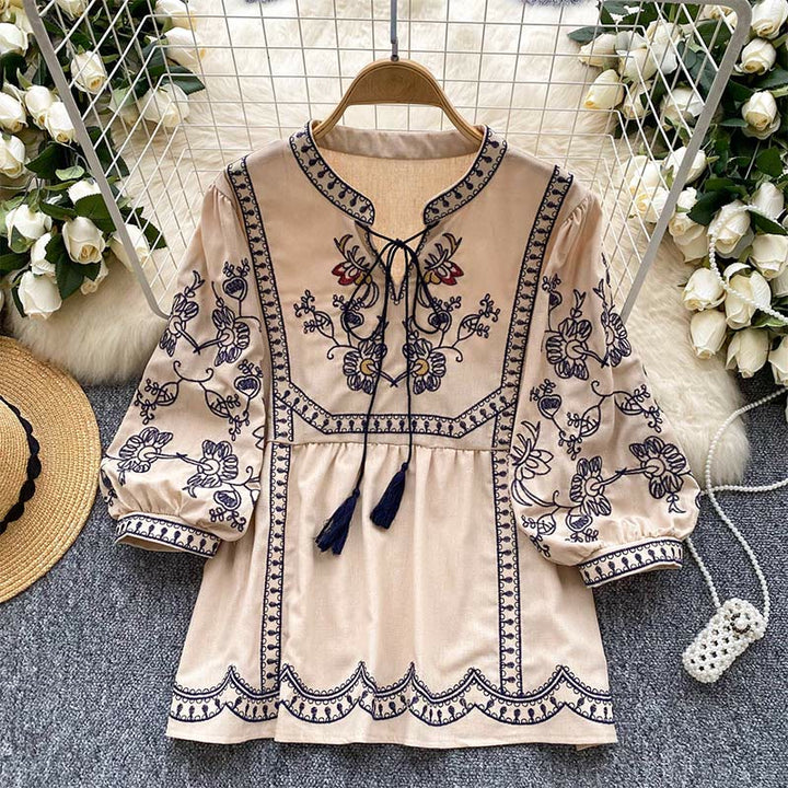 Camicia da donna Olivenorma Boho Holiday con maniche a lanterna e ricamo