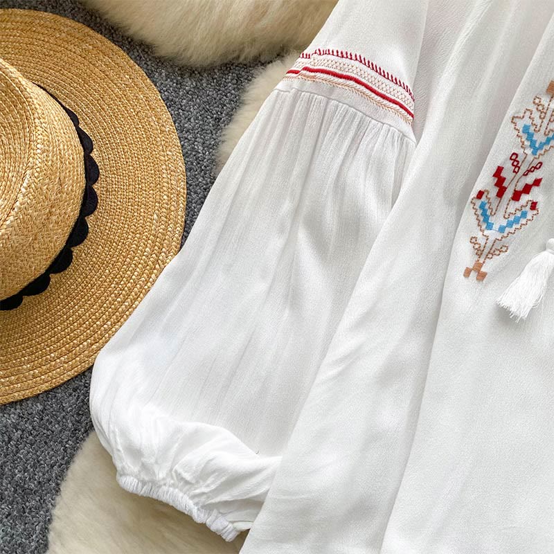 Camicia da donna Olivenorma con maniche a lanterna e ricamo in stile indiano