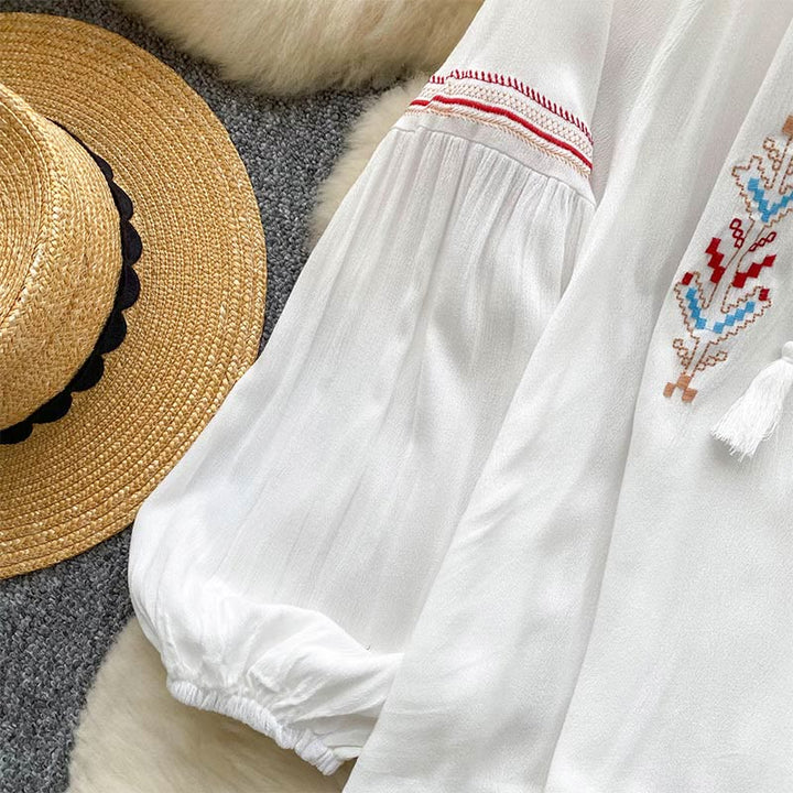 Camicia da donna Olivenorma con maniche a lanterna e ricamo in stile indiano