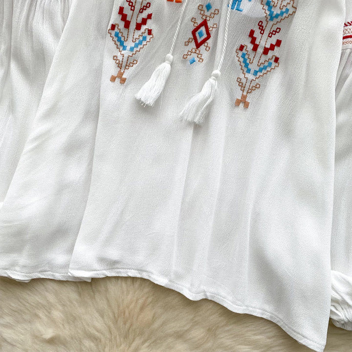 Camicia da donna Olivenorma con maniche a lanterna e ricamo in stile indiano