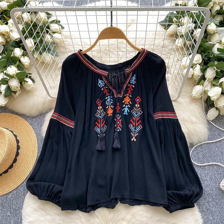 Camicia da donna Olivenorma con maniche a lanterna e ricamo in stile indiano
