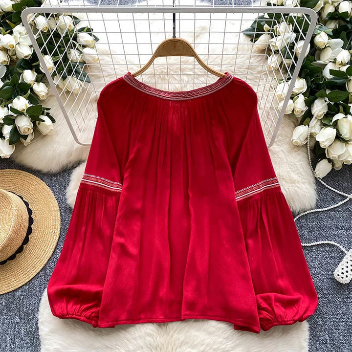 Camicia da donna Olivenorma con maniche a lanterna e ricamo in stile indiano