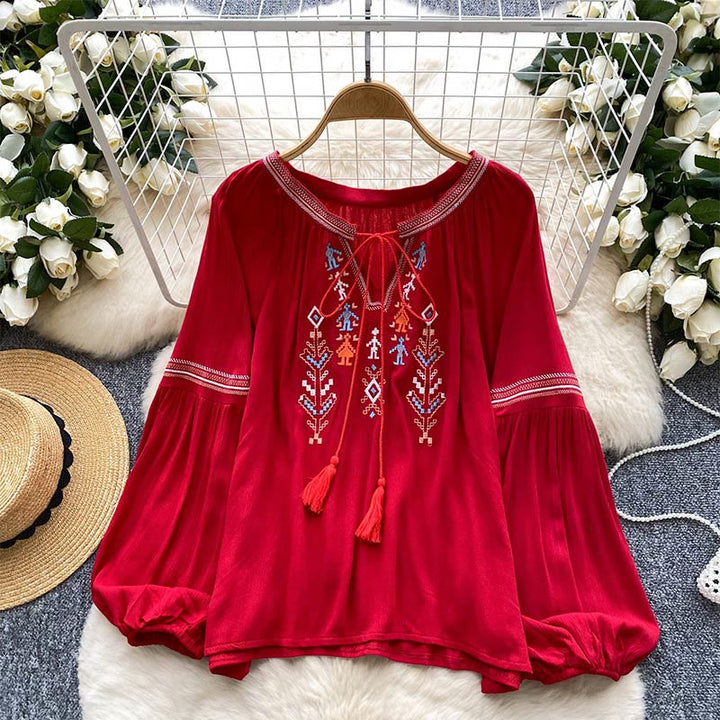 Camicia da donna Olivenorma con maniche a lanterna e ricamo in stile indiano