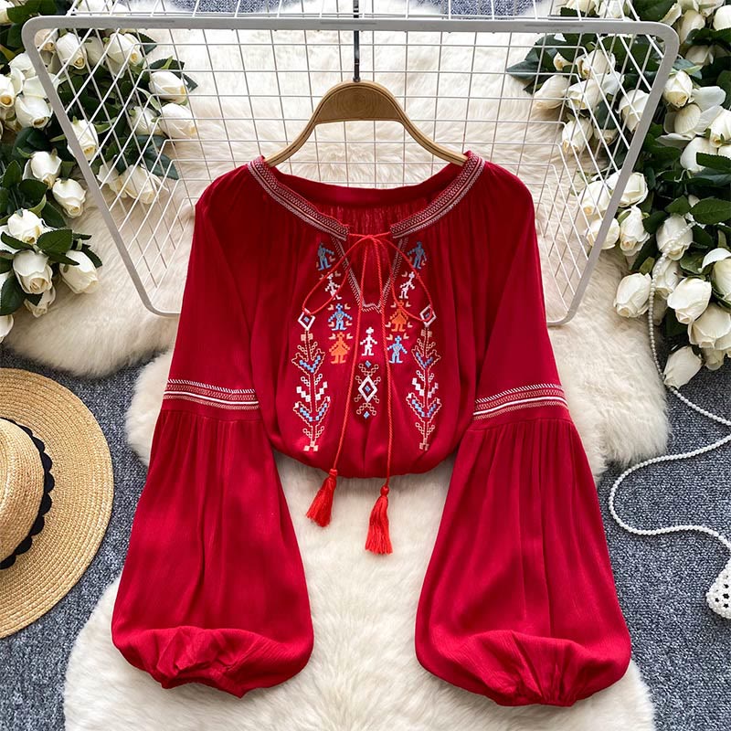 Camicia da donna Olivenorma con maniche a lanterna e ricamo in stile indiano
