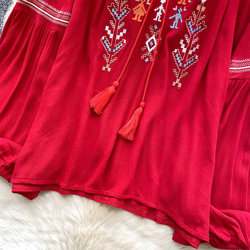 Camicia da donna Olivenorma con maniche a lanterna e ricamo in stile indiano