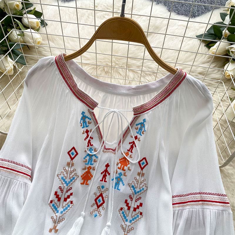 Camicia da donna Olivenorma con maniche a lanterna e ricamo in stile indiano