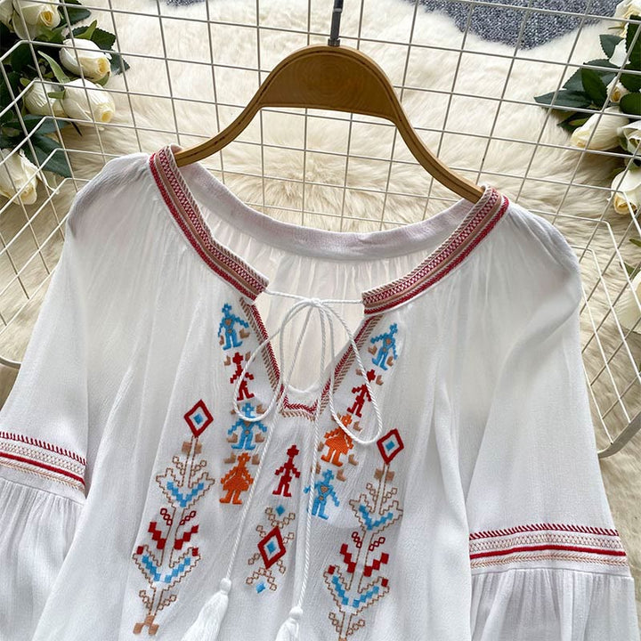 Camicia da donna Olivenorma con maniche a lanterna e ricamo in stile indiano - image 1